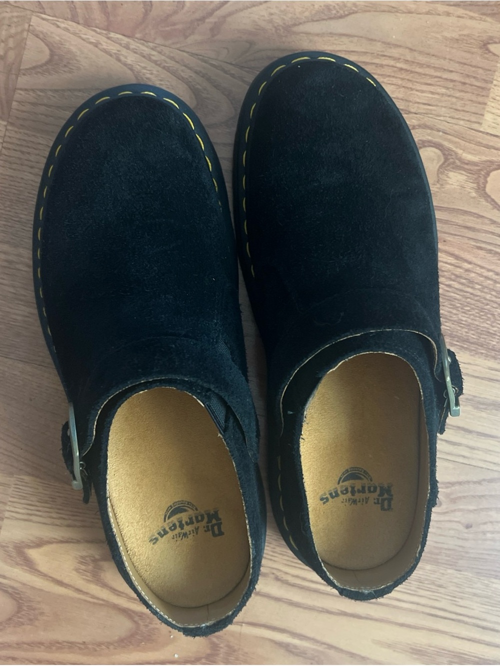 Dr. Martens Black Suede Clogs with Yellow Stitching and Buckle